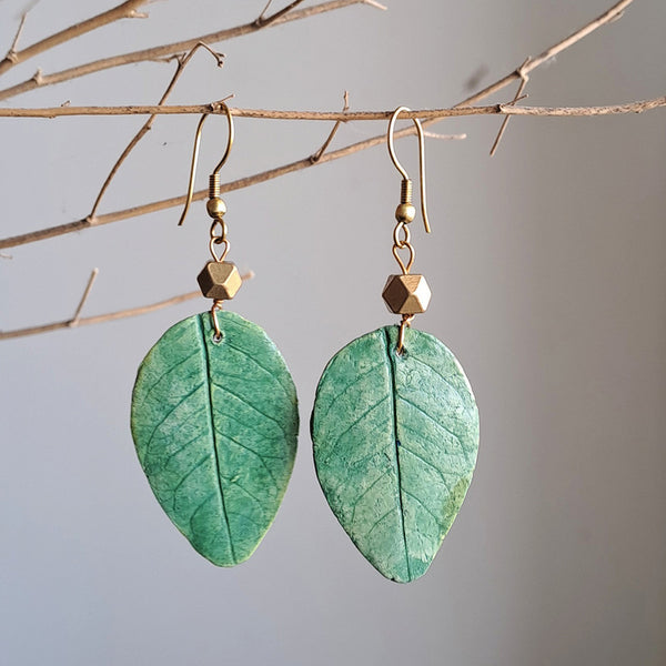 Papier Mache Dangler Earrings | Handpainted | Green