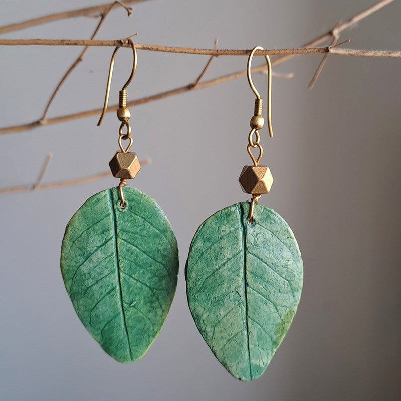 Papier Mache Dangler Earrings | Handpainted | Green