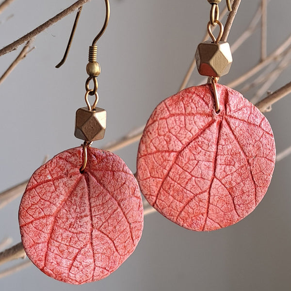 Papier Mache Dangler Earrings | Round Leaf | Red