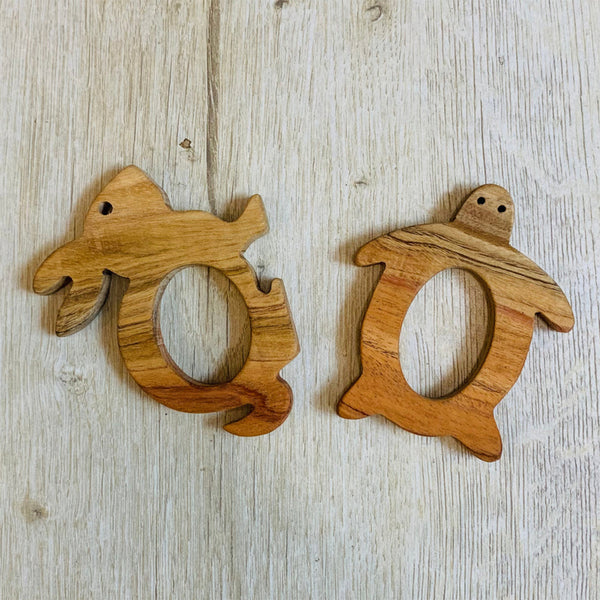 Wooden Baby Teether | Bunny & Turtle | Brown | Set of 2