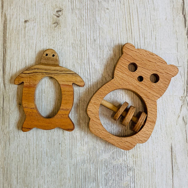 Wooden Baby Teether | Bunny, Turtle & Rabbit | Brown | Set of 3