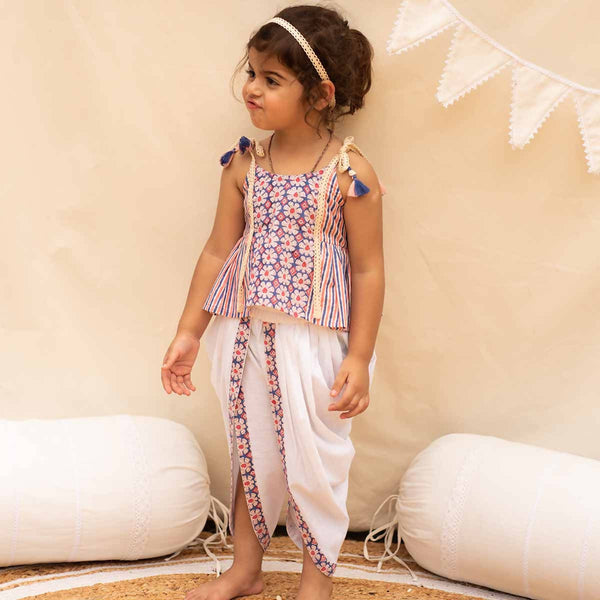 Organic Cotton Top with Dhoti for Girls | Blue & White