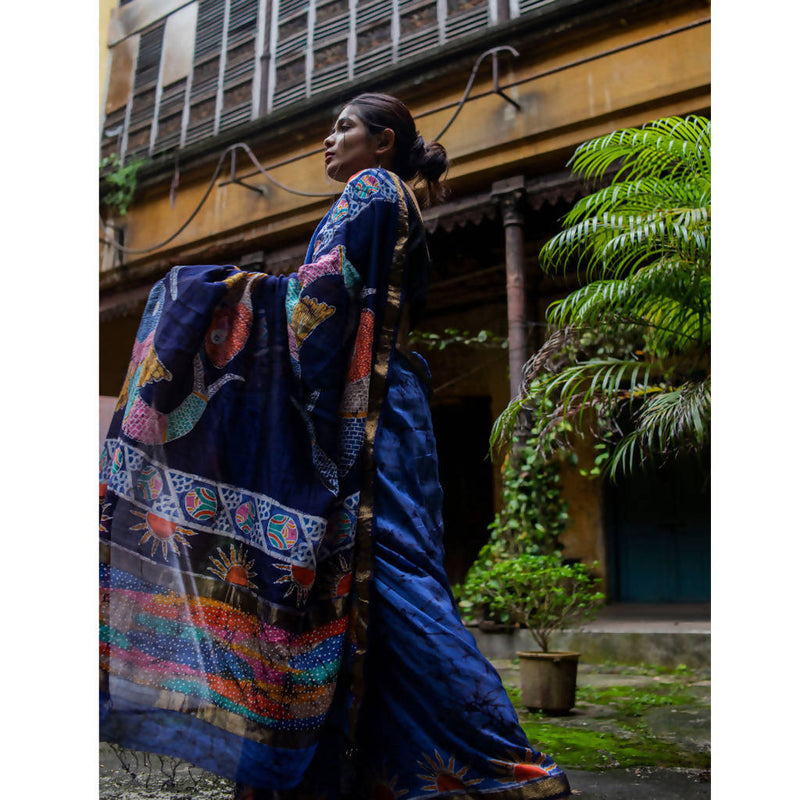 Festive Wear | Maheshwari Cotton Silk Batik Saree | Dark Blue