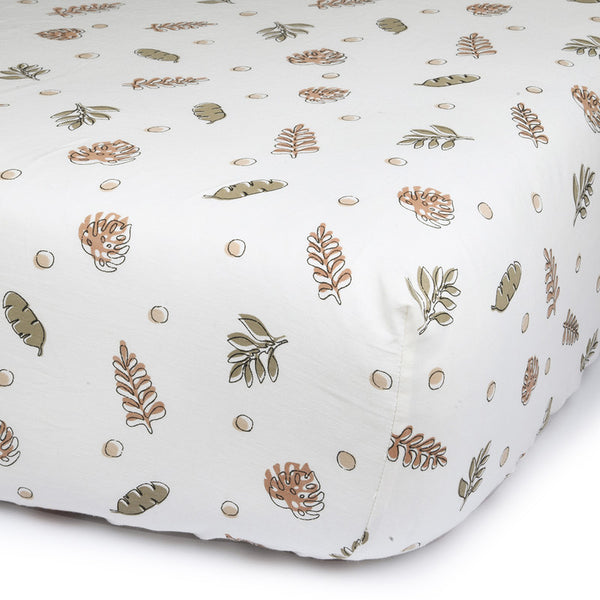 Fitted Sheet for Baby Crib | Organic Cotton & Natural Dyes | Leaf Print | White