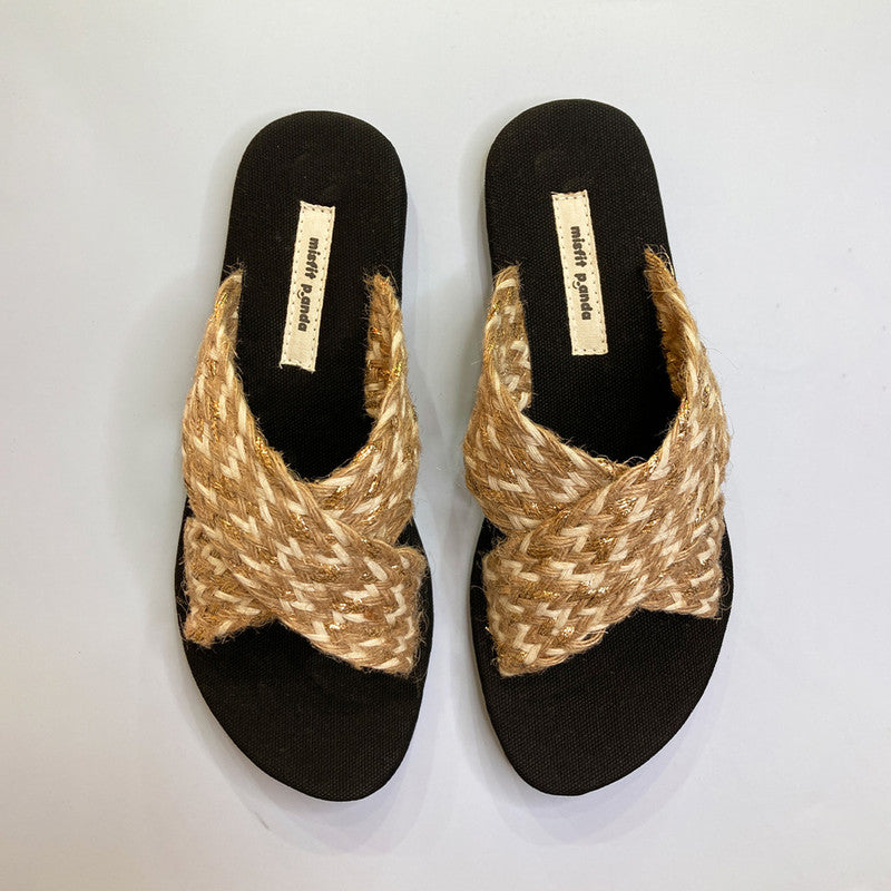 Flats For Women | Jute Sliders | Cross Strap | Beige & Black