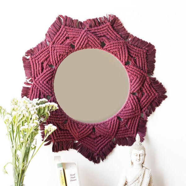 Handwoven Cotton Maroon Macrame Round Mirror