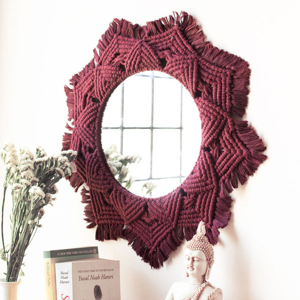 Handwoven Cotton Maroon Macrame Round Mirror