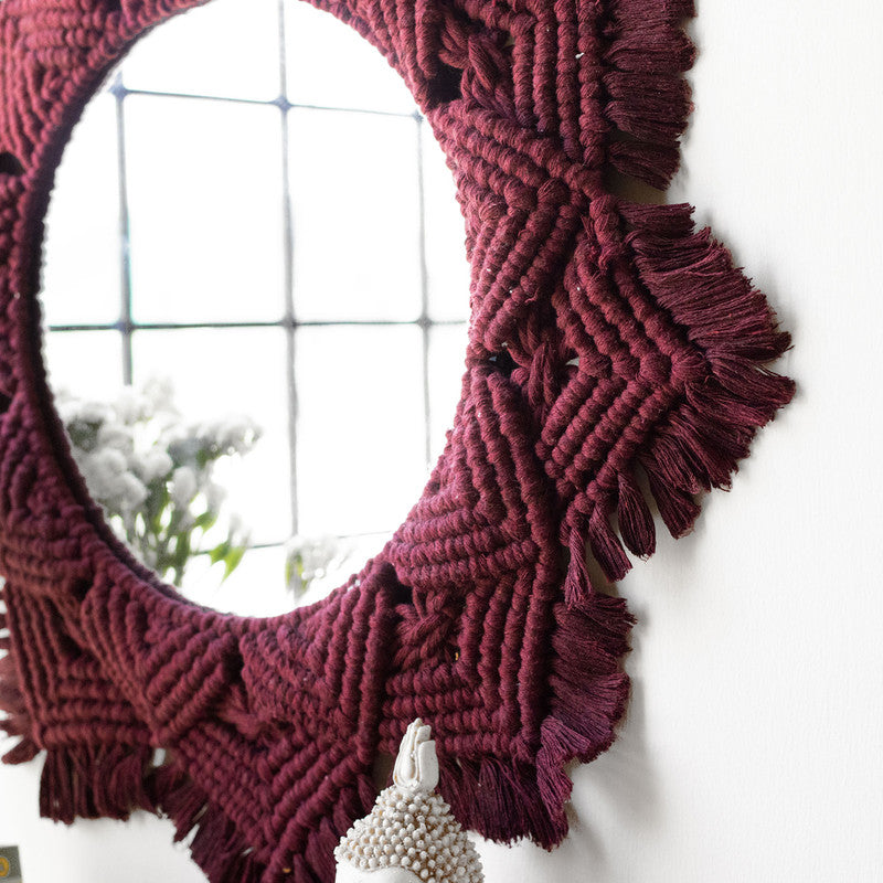 Handwoven Cotton Maroon Macrame Round Mirror