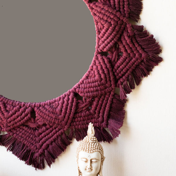 Handwoven Cotton Maroon Macrame Round Mirror