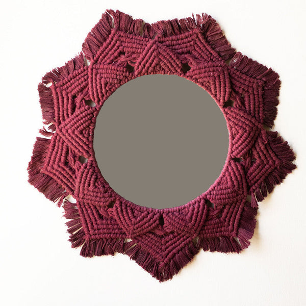 Handwoven Maroon Macrame Round Mirror