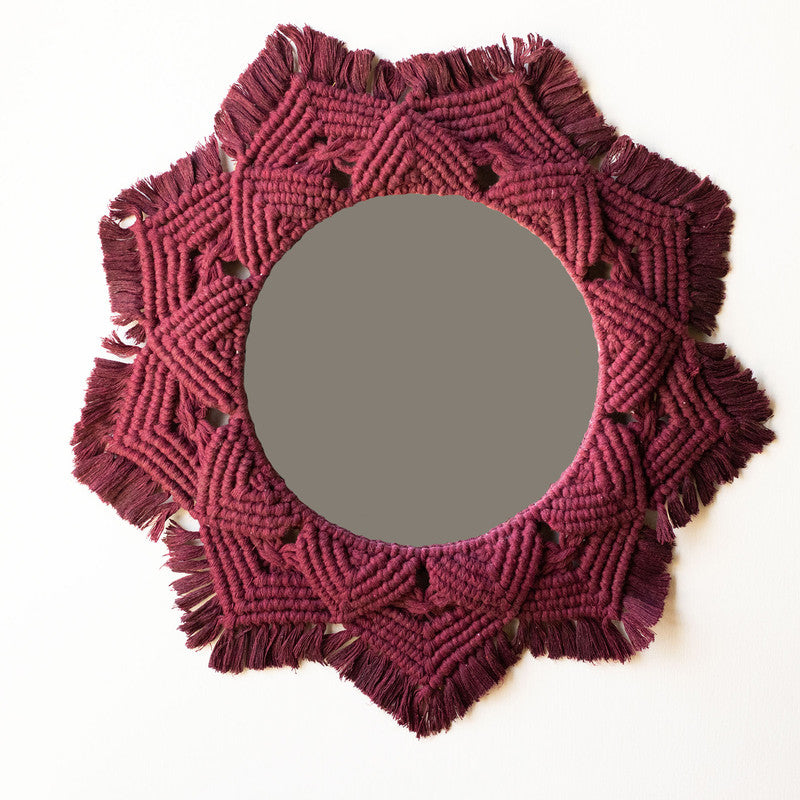 Handwoven Cotton Maroon Macrame Round Mirror