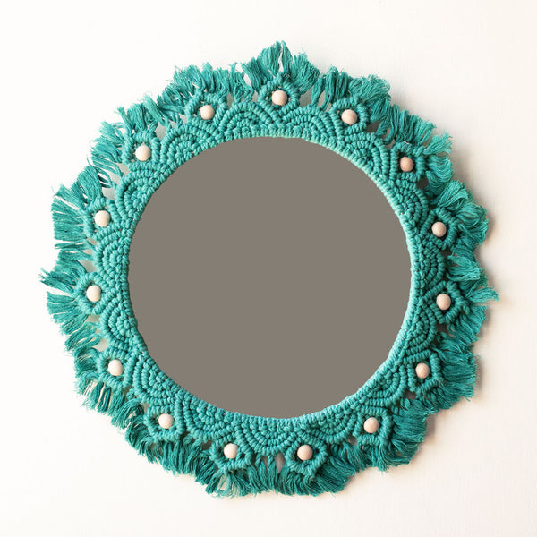 Wall Mirror | Handwoven Macrame | Turquoise | L-33 B-33 H-4 cm