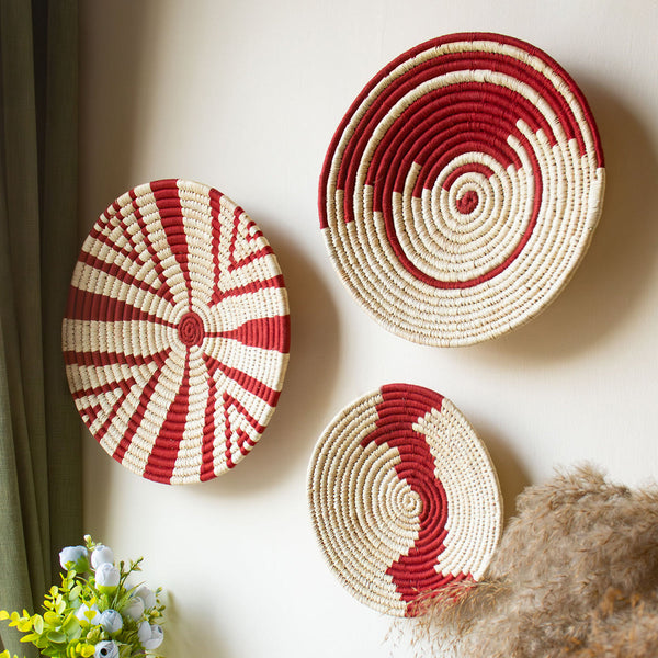 Natural Grass Wall Decorative Baskets | Beige & Red | Set of 3