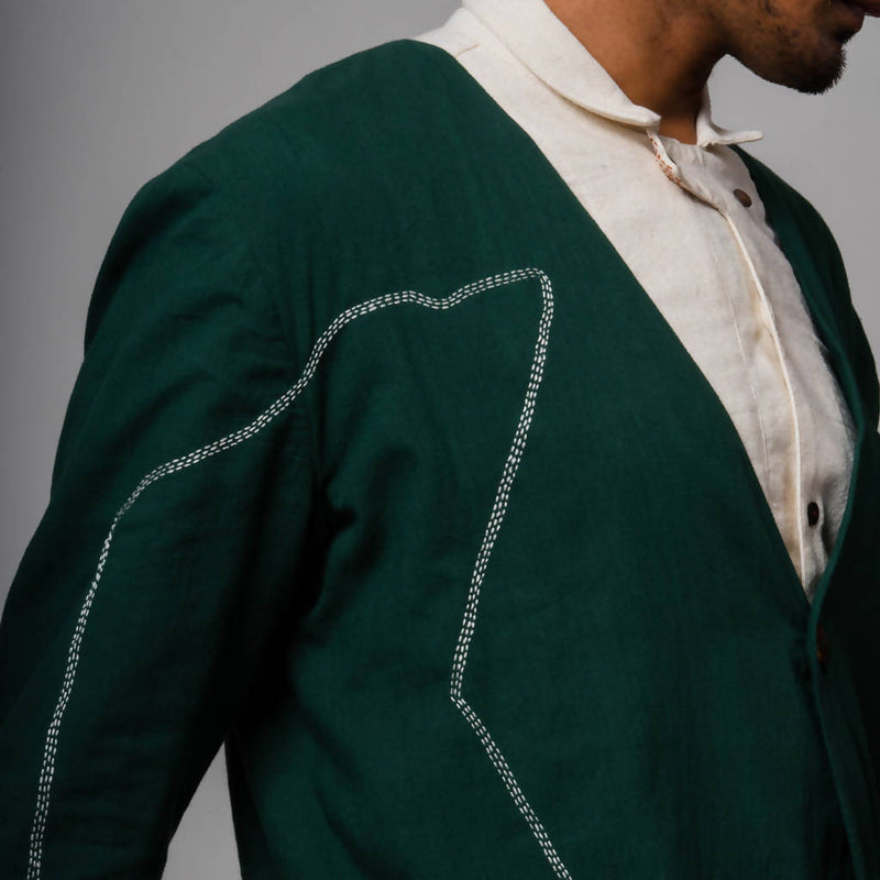 Handcrafted Pure Cotton V-neck Jacket | Green