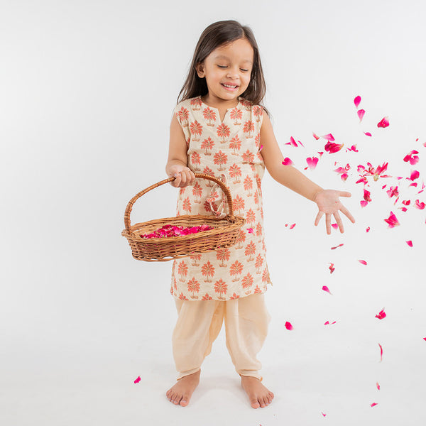 Muslin Kurta Pajama Set for Girls | Beige