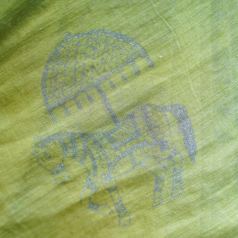 Handwoven Mul Cotton Saree with Barati Print | Green