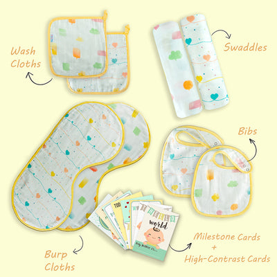 Baby Gifts | Organic Cotton Baby Swaddles & Feeding Accessories | Yellow | Pack of 9