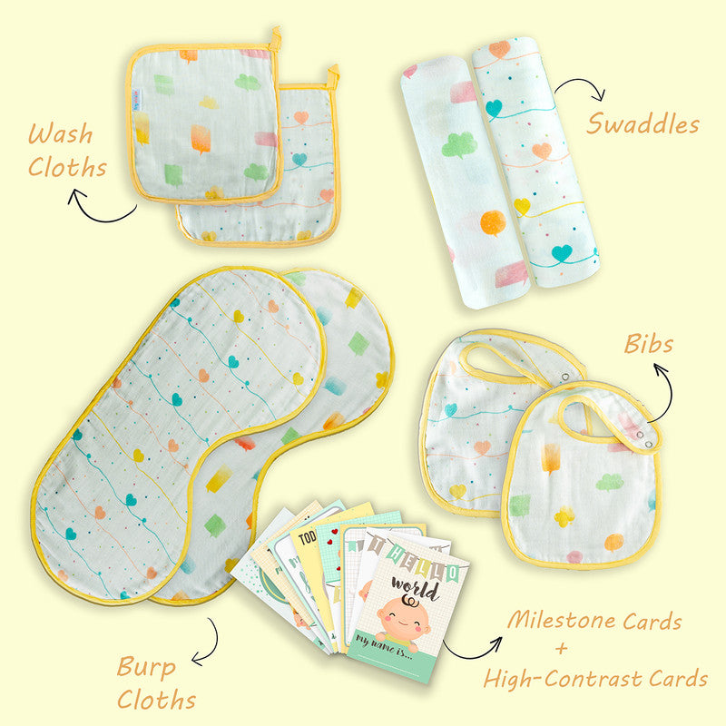 Baby Gifts | Organic Cotton Baby Swaddles & Feeding Accessories | Yellow | Pack of 9