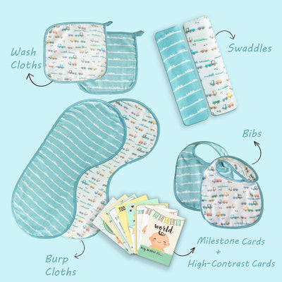Baby Gifts | Organic Cotton Baby Swaddles & Feeding Accessories | Blue | Pack of 9