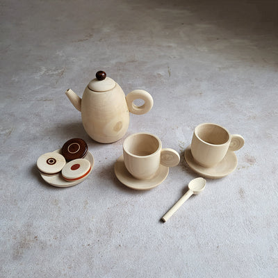 Wooden Kitchen Set for Toys | Mini Tea Toy Set | Beige & Brown | Set of 10