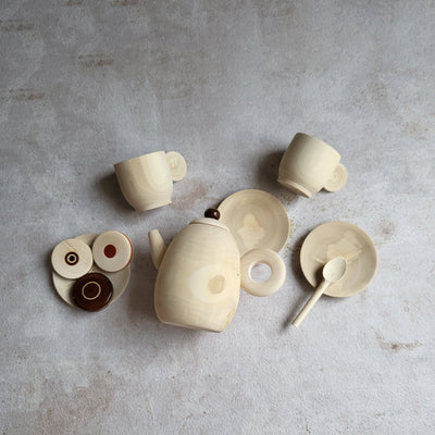 Wooden Kitchen Set for Toys | Mini Tea Toy Set | Beige & Brown | Set of 10