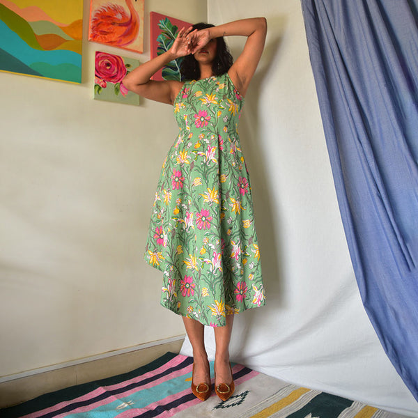 Cotton Flared Dress | Floral Handblock Printed | Green