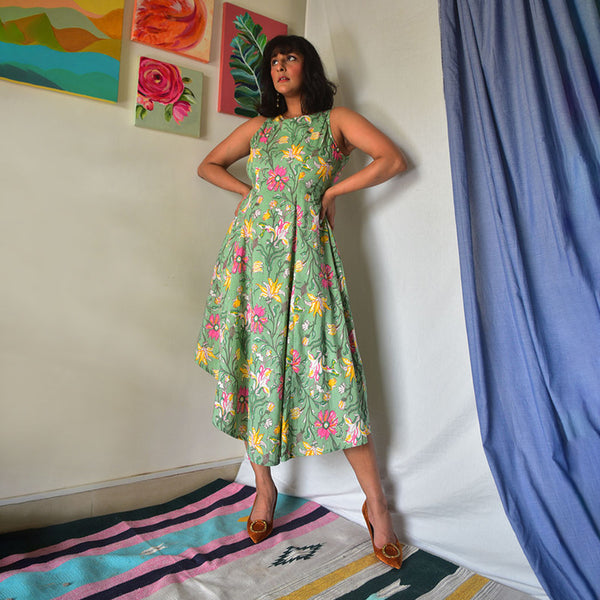 Cotton Flared Dress | Floral Handblock Printed | Green