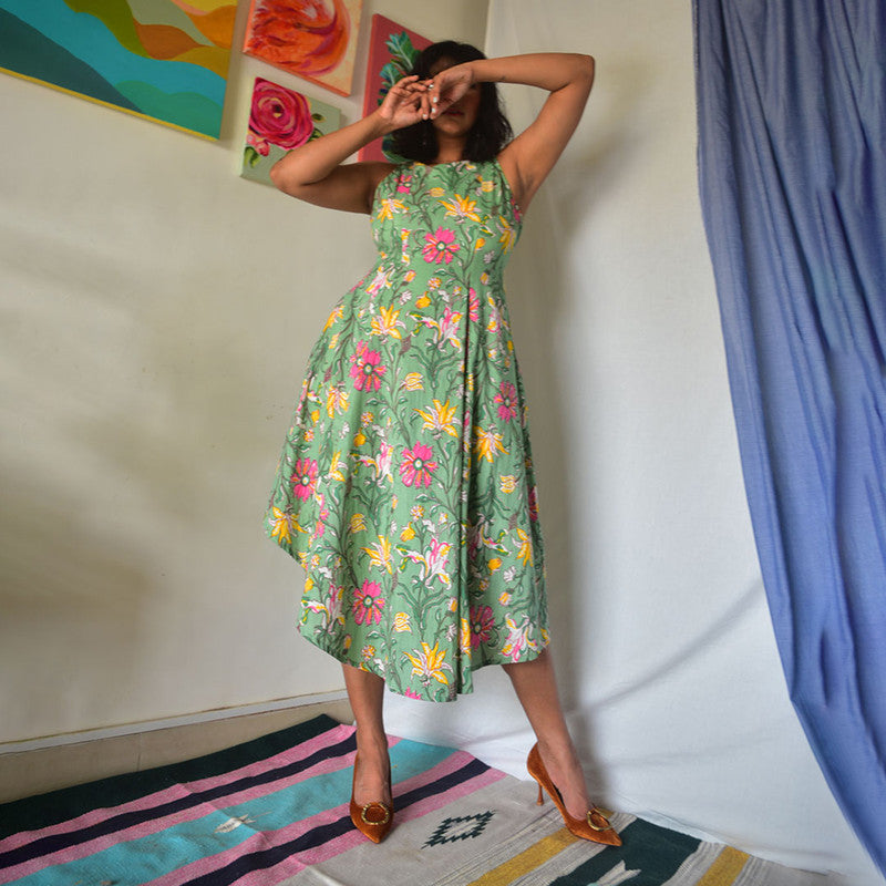 Cotton Flared Dress | Floral Handblock Printed | Green