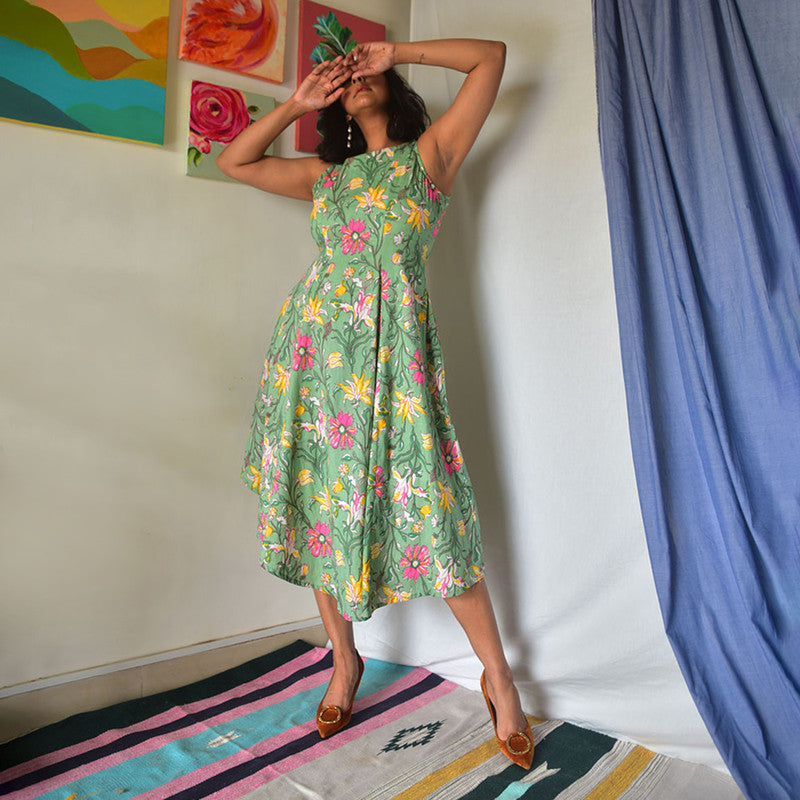 Cotton Flared Dress | Floral Handblock Printed | Green