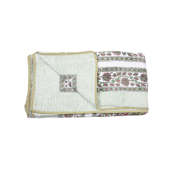 Mulmul Cotton Dohar | Cosy Blanket | Green & Pink