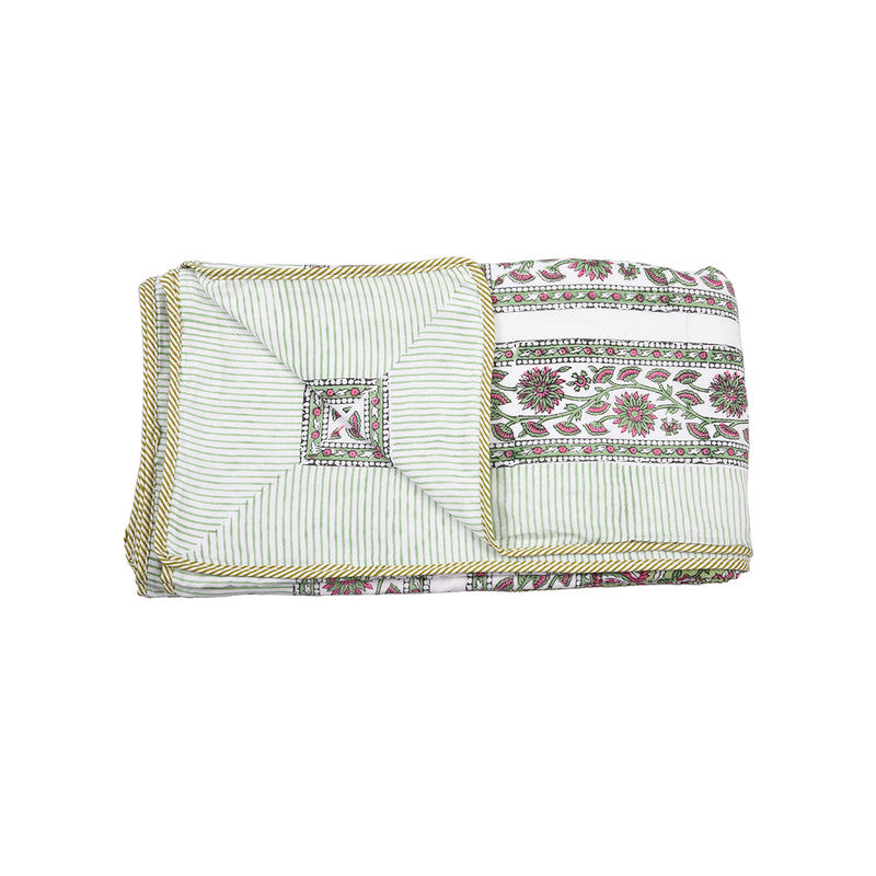 Mulmul Cotton Dohar | Cosy Blanket | Green & Pink