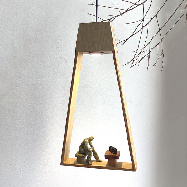 Papier Mache & Wood | Hanging Lamp | Green & Brown