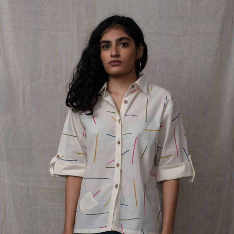 Cotton Handblock Printed Shirt | White