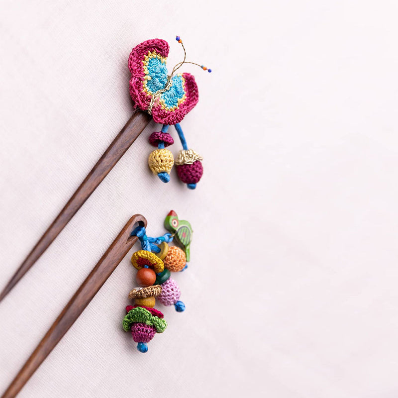 Wood Crochet Hairstick | Multicolour | 15 cm | Set of 2