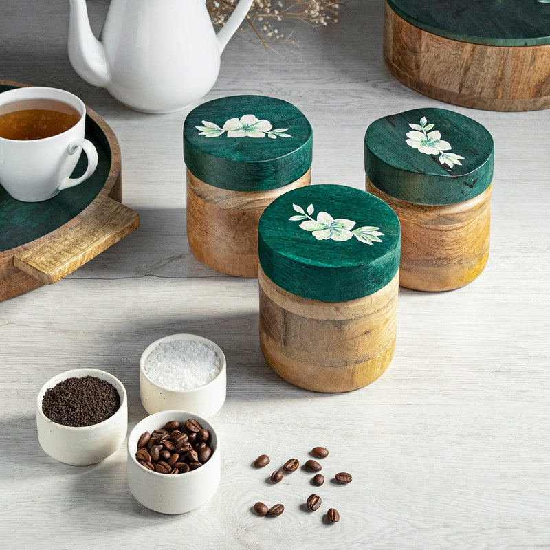 Wooden Jars with Lid | Tea Coffee Sugar Containers | Green | Set of 3