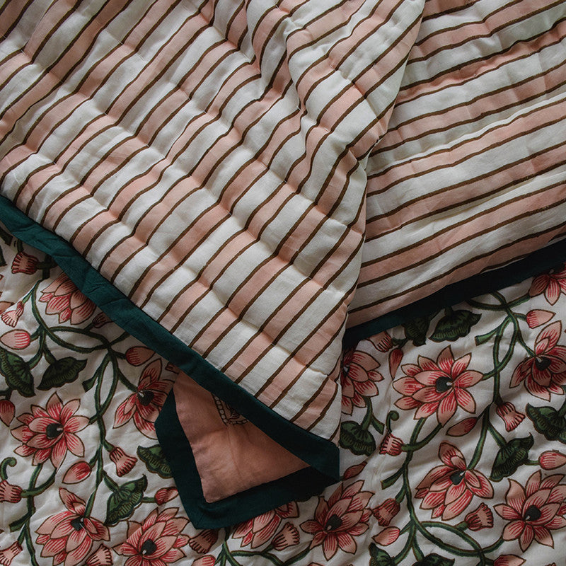 Handblock Printed | Mul Cotton Reversible AC Quilt | Pink & Green