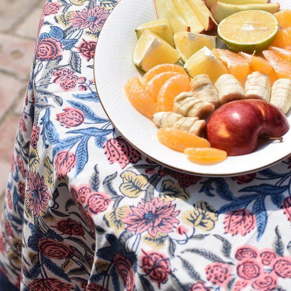 Handblock Printed | Cotton Table Cover | Blue & Beige