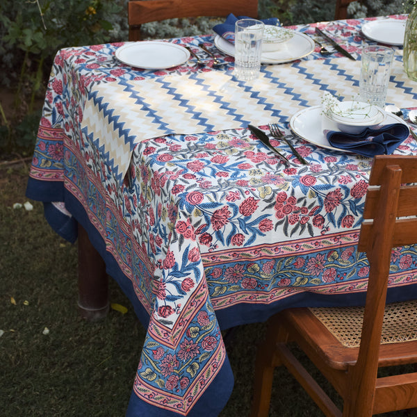 Handblock Printed | Cotton Table Cover | Blue & Beige