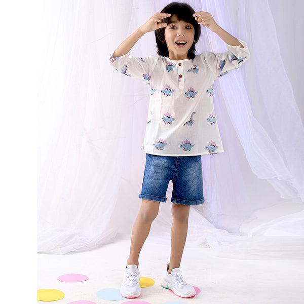 Cotton Kids Kurta | Dinasaur Print | Teal