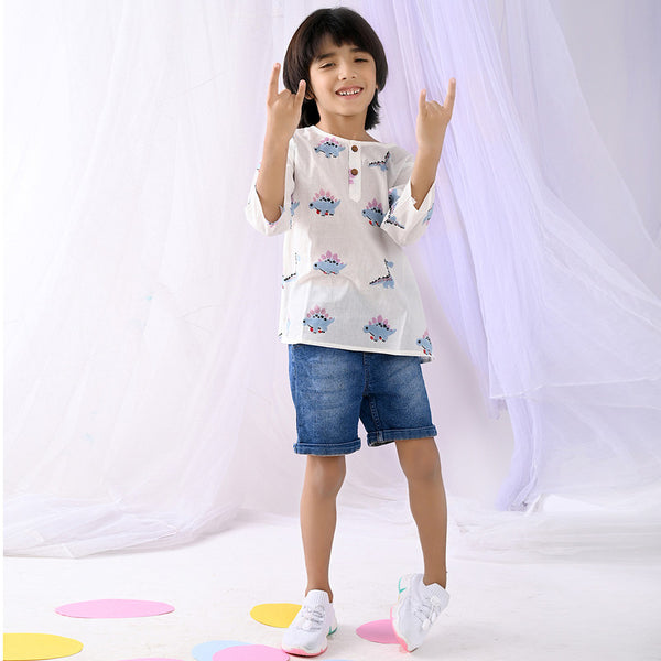 Cotton Kids Kurta | Dinasaur Print | Teal