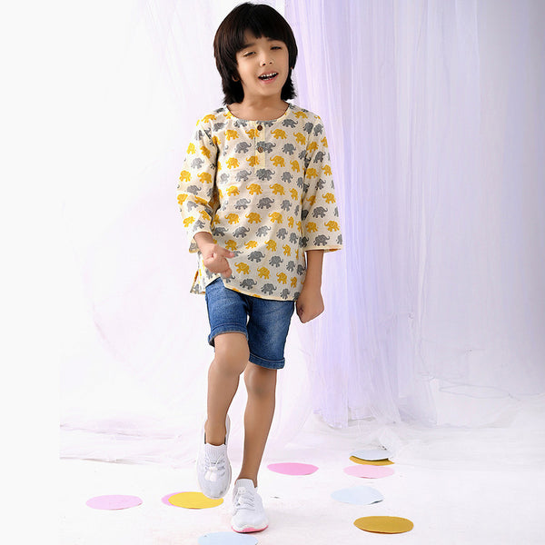 Cotton Kids Kurta | Elephant Print | Yellow & Grey