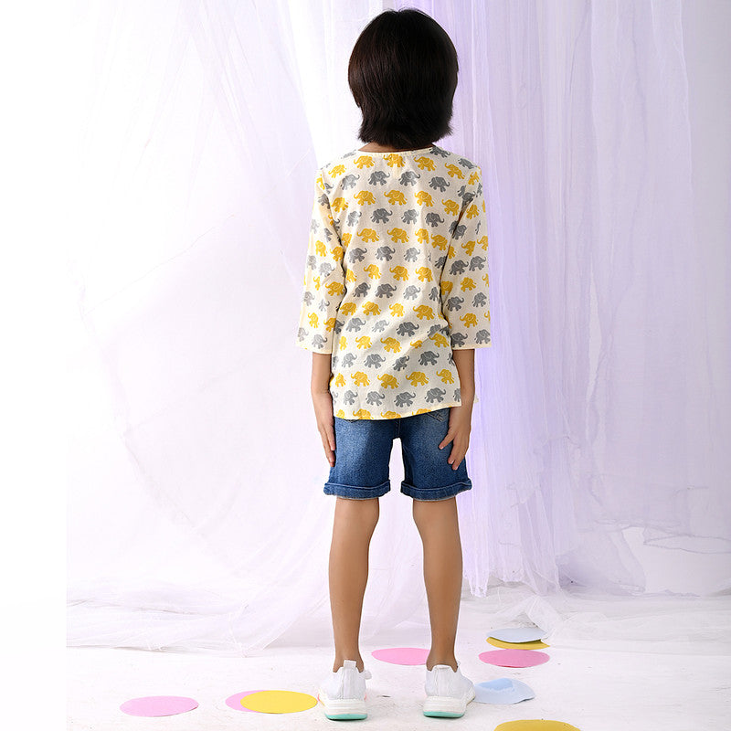 Cotton Kids Kurta | Elephant Print | Yellow & Grey