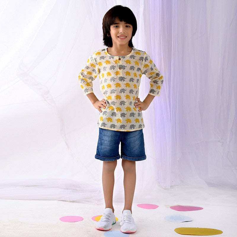 Cotton Kids Kurta | Elephant Print | Yellow & Grey