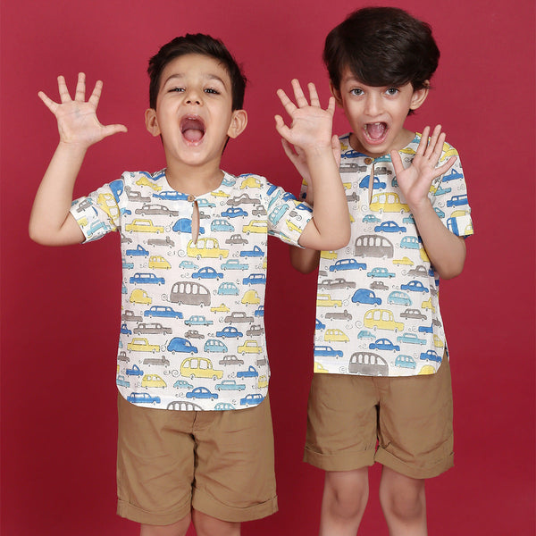 Pure Cotton Kurta for Boys | Car Print