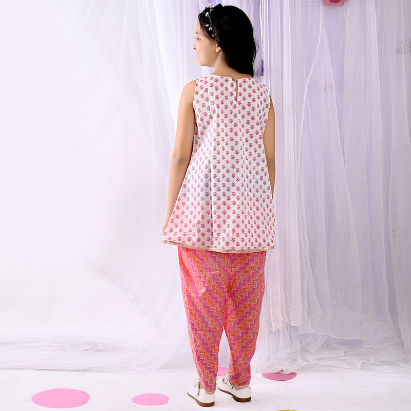 Cotton Kurta with Dhoti Pants for Girls | Floral Print | White & Pink