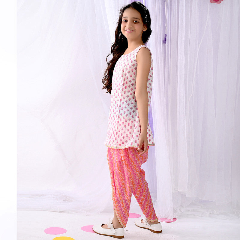 Cotton Kurta with Dhoti Pants for Girls | Floral Print | White & Pink