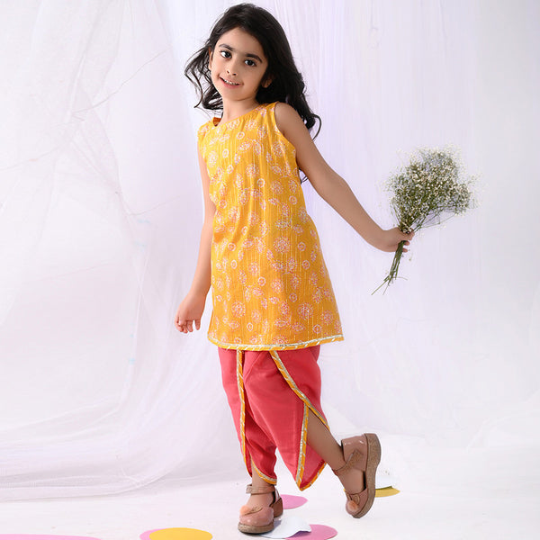 Cotton Dhoti Kurta Set for Girls | Floral Print | Yellow & Pink