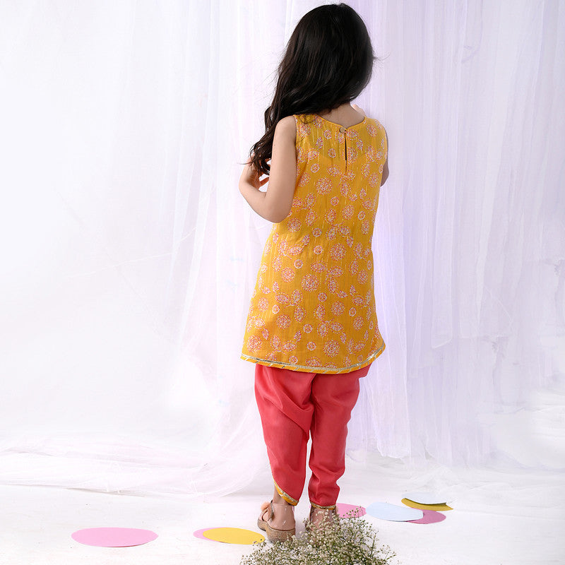 Cotton Dhoti Kurta Set for Girls | Floral Print | Yellow & Pink