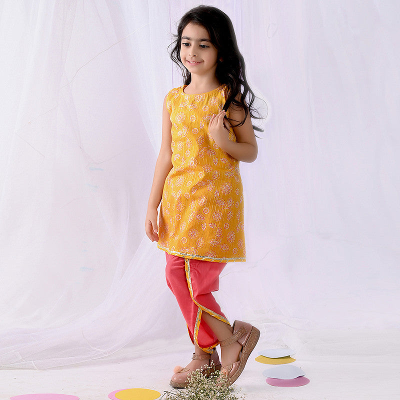 Cotton Dhoti Kurta Set for Girls | Floral Print | Yellow & Pink