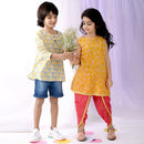 Cotton Dhoti Kurta Set for Girls | Floral Print | Yellow & Pink